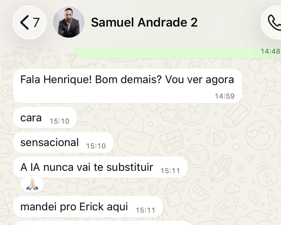 Mensagem de cliente elogiando o trabalho